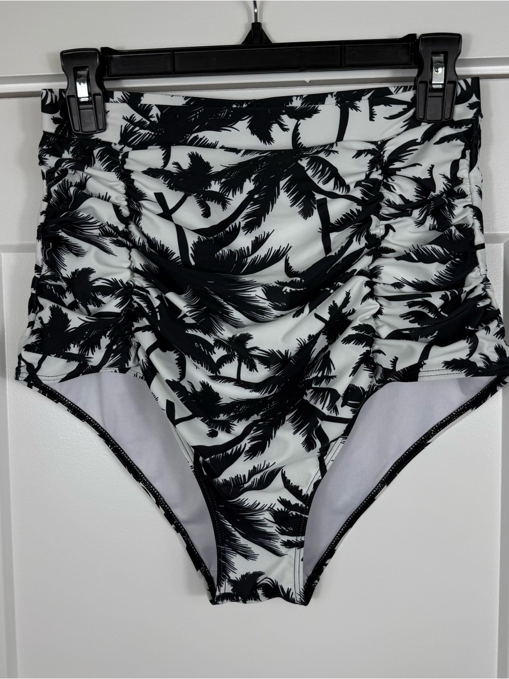 Cocopear High Waisted Ruched Bikini Bottom Palm Print Black White Women Large